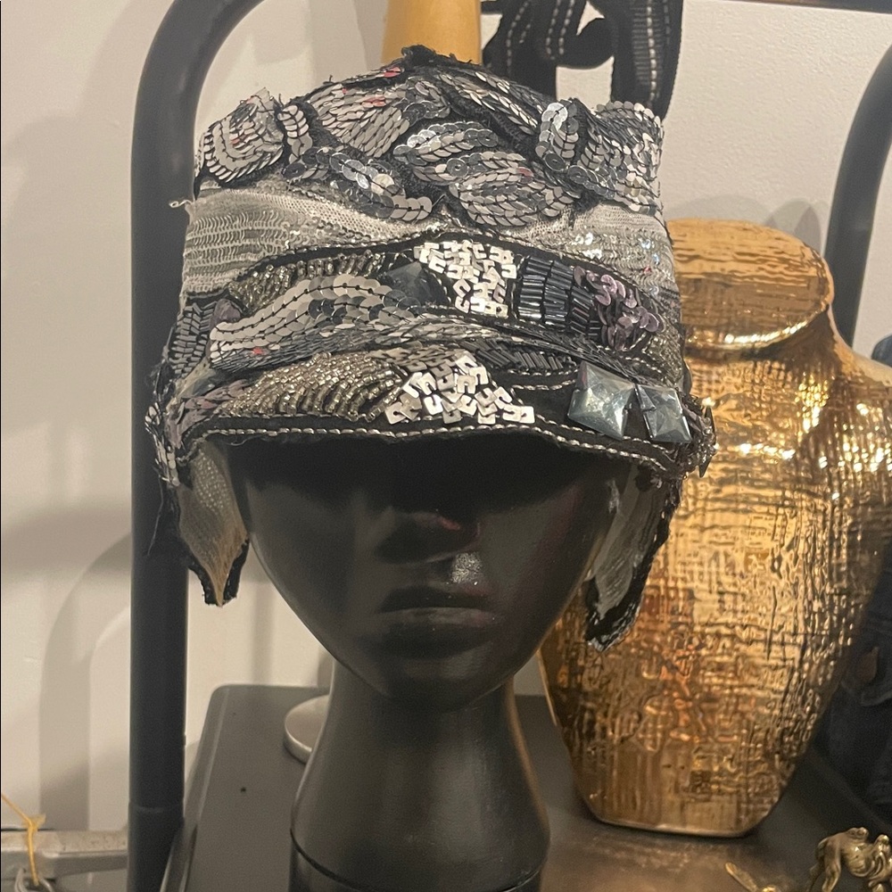 Sequin Embellished Black and Silver Women's Hat